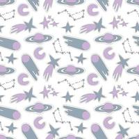 Galaxy cosmic seamless pattern with planets, stars and comets. Childish vector hand drawn cartoon illustration in simple scandinavian style. Pastel isolated on a white background.