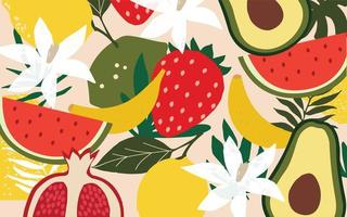 Exotic fruit poster. Summer tropical design with fruit, strawberry, pomegranate, avocado, banana, lemon and watermelon colorful mix. Healthy diet, vegan food background vector illustration