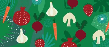 cartel de frutas y verduras exóticas. diseño tropical de verano con fresa, granada, ajo, zanahoria, remolacha, mezcla colorida de hongos. dieta saludable, ilustración de vector de fondo de comida vegana