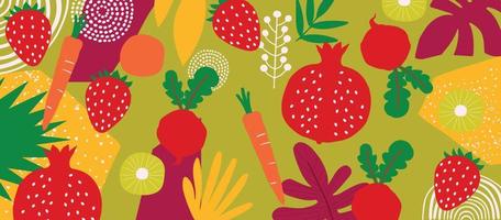 cartel de frutas y verduras exóticas. diseño tropical de verano con fresa, granada, kiwi, zanahoria, mezcla colorida de remolacha. dieta saludable, ilustración de vector de fondo de comida vegana