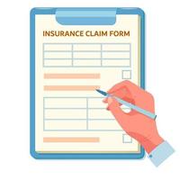 Insurance claim form. Hand fills out document in the form of questionnaire. vector