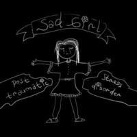 sad girl with post traumatic stress disorder text doodle style isolated in black vector design element