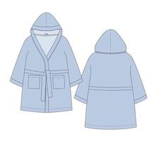 Bathrobe technical sketch. Hooded bathrobe with pocket and belt. Light blue color. Flat garment apparel template. vector