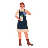 Happy woman watering plants. Florist caring of plants. Home garden, greenhouse, gardening. Vector flat illustration