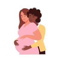 Happy lgbt family is expecting a baby. Pregnant woman with her wife. Lesbian couple. Concept of pregnancy, family, motherhood. Flat vector illustration.