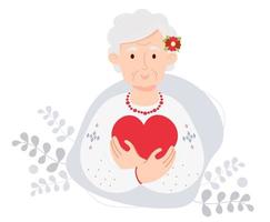 Cute elderly Ukrainian pensioner woman in traditional embroidered shirt and beads hugs  heart. Vector illustration. Ukrainian character in flat style