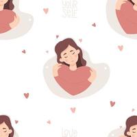 Seamless pattern with beautiful girl in love with long hair hugging herself on background with hearts. Vector illustration. Love yourself and find time for yourself and care for decor, wallpaper