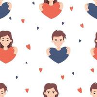 Seamless pattern with couple in love. girl with long hair and young man hugging themselves on  background with hearts. Vector illustration. Love yourself and find time for yourself and care