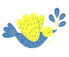 Decorative yellow-blue bird. dove of peace with branch in its beak. Vector illustration. Colors of Ukrainian flag. Flying bird character for ukrainian decor, design, decoration and print