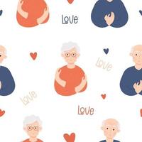 Seamless pattern with elderly couple happy old people. Cute old woman pensioner and bald old man on background with hearts. Vector illustration. Love yourself, find time to care
