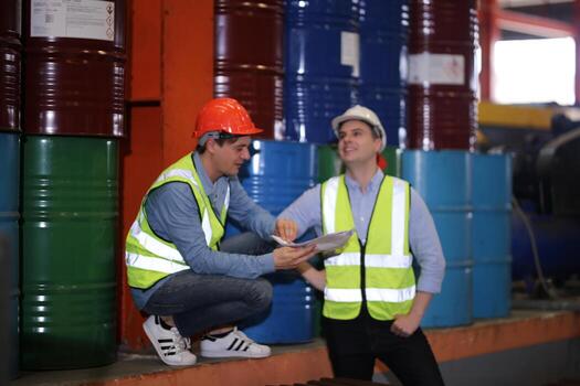 Industry worker Foreman or worker work at factory site check up machine or products in site. Engineer or Technician checking Material or Machine on Plant. Industrial and Factory. photo