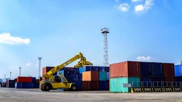 Container loading in a Cargo freight ship with industrial crane. Container ship in import and export business logistic company. Industry and Transportation concept.