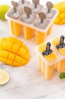 hielo de paleta de fruta de mango fresco en la caja de plástico sobre una mesa de mármol brillante. diseño de producto de concepto de estado de ánimo de verano, primer plano. foto
