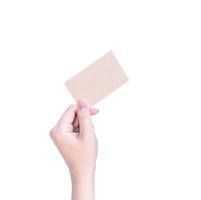 Young asia clean girl hand holding a blank kraft brown paper card template isolated on white background, clipping path, close up, mock up, cut out photo