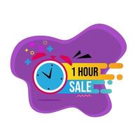 Etiqueta de insignia de publicidad de venta de 1 hora con icono de reloj. diseño plano vector