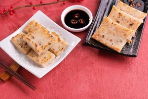 Chinese lunar new year food concept, Delicious turnip radish cake, local cuisine in restaurant with soy sauce on red background, close up, copy space