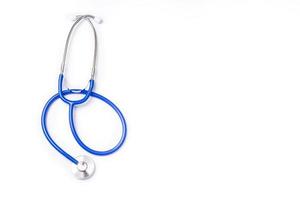 Blue stethoscope,object of doctor equipment,isolated on white background. Medical design concept,cut out,clipping path,top view,studio shot. photo