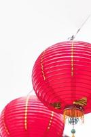 Beautiful round red lantern hanging on old traditional street, concept of Chinese lunar new year festival, close up. The undering word means blessing. photo