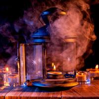 Halloween holiday concept design of pumpkin, candle, spooky decorations with blue tone smoke around on a dark wooden table, close up shot. photo