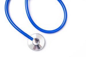 Blue stethoscope,object of doctor equipment,isolated on white background. Medical design concept,cut out,clipping path,top view,studio shot. photo