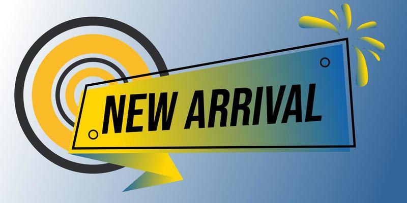 advertising banner with new arrival text, blue-yellow gradient background. used for clothing and retail advertising badges