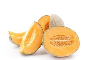 Beautiful tasty sliced juicy cantaloupe melon, muskmelon, rock melon isolated on white background, close up, clipping path, cut out. photo