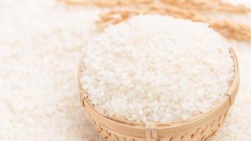 Raw white polished milled edible rice crop on white background in brown bowl, organic agriculture design concept. Staple food of Asia, close up. photo