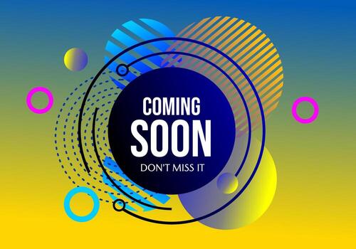 ad banner with yellow blue gradient background with coming soon text and geometric circle element vector