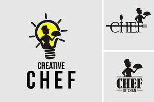 logotipo de chef creativo con ilustración de un chef en una bombilla que lleva comida. vector