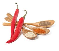 Various of hot spices in wooden spoons photo