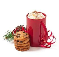 Christmas card with red coffee cup topped with whipped cream photo