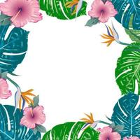 Summer green tropical flyer design with tropical flowers and monstera leaves. Frame design. Copy space vector