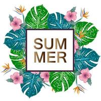 Summer green tropical flyer design with tropical flowers and monstera leaves. Frame design. Copy space vector