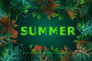 Summer green tropical flyer design with tropical flowers and monstera leaves. Frame design. Copy space vector