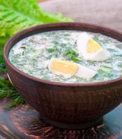 Cold vegetable kefir soup with eggs and greens photo