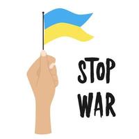 Raised human hand holding a waving blue and yellow Ukrainian flag. Stop war. Color illustration in a flat style isolated on a white background vector