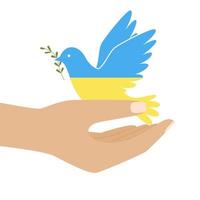 A human hands holding a dove in the colors of Ukrainian flag. Symbol of peace. Bird holding twig in the beak. Stop war. Color illustration in a flat style isolated on a white background vector