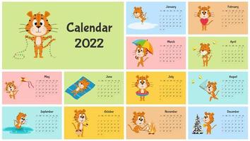 Horizontal Desktop Calendar Template 2022. Week starts on Sunday. Ready-to-print calendar with Chinese year symbol cartoon Tiger. A set of 12 pages and a cover. All months.Multi-colored background