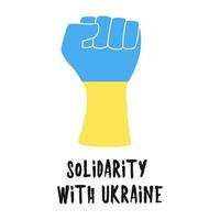 A raised human hand. a symbol of solidarity, support, complicity, consent, unity. A hand in the colors of the Ukrainian flag. Solidarity with Ukraine. Flat color illustration, isolated on white vector