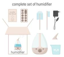 Juego completo de humidificador. caja, instrucciones, contenedor, tapa, cepillos, cable eléctrico, panel de control. un conjunto de elementos sobre el tema del difusor de niebla. ilustración vectorial aislado en blanco vector