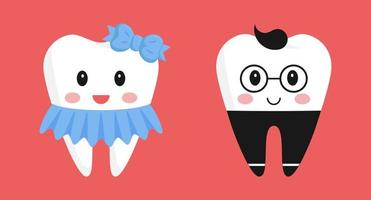 A pair of teeth characters. Cute girl in a skirt and with a bow, adorable boy in trousers and glasses. The design elements in funny cartoon style.Pediatric dentistry. Healthy teeth. Isolated on dark. vector