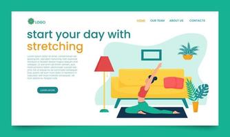 The girl does yoga in an apartment, in a home environment. Landing page template. The concept of yoga classes at home. healthy lifestyle. Banner with a female cartoon character.Flat style vector