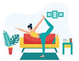 The girl practices yoga at home. The concept of yoga classes at home. Practice yoga in the living room. Flat. Healthy lifestyle. Female character on the background of home furniture.