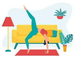 The girl practices yoga at home. The concept of yoga classes at home. Practice yoga in the living room. Flat. Healthy lifestyle. Female character on the background of home furniture. vector