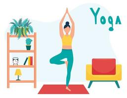 la chica practica yoga en casa. el concepto de clases de yoga en casa. mujer en la pose del árbol. práctica de yoga.estilo de vida saludable. personaje de caricatura femenino en una sala de estar con muebles. estilo plano vector