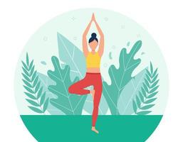 una niña practica yoga en el parque. el concepto de yoga al aire libre. clases de yoga en la naturaleza. estilo plano chica en la pose del árbol. un personaje de dibujos animados femenino sobre un fondo de follaje y plantas. vector