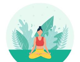 la chica practica yoga al aire libre. el concepto de yoga al aire libre. clases de yoga en la naturaleza. estilo plano la mujer está sentada en la posición de loto. personaje de dibujos animados de mujer en el fondo del follaje vector