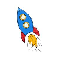 A flying rocket. Doodle. A startup symbol. Hand-drawn Colorful vector illustration. The design elements are isolated on a white background.