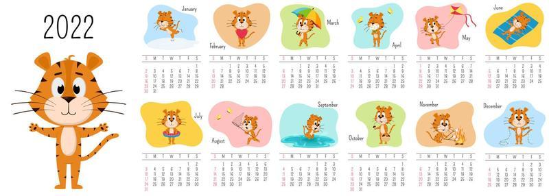 Vertical Wall Calendar Template 2022. Week starts on Sunday. Ready-to-print calendar with Chinese year symbol cartoon Tiger. A set of 12 pages and a cover. All months.Multi-colored background