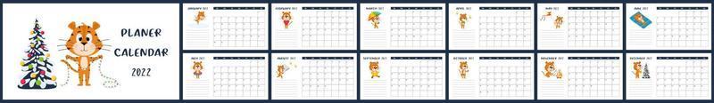 Horizontal Desktop Calendar Template 2022. Week starts on Sunday. Ready-to-print calendar with Chinese year symbol cartoon Tiger. A set of 12 pages and a cover. All months.white background vector